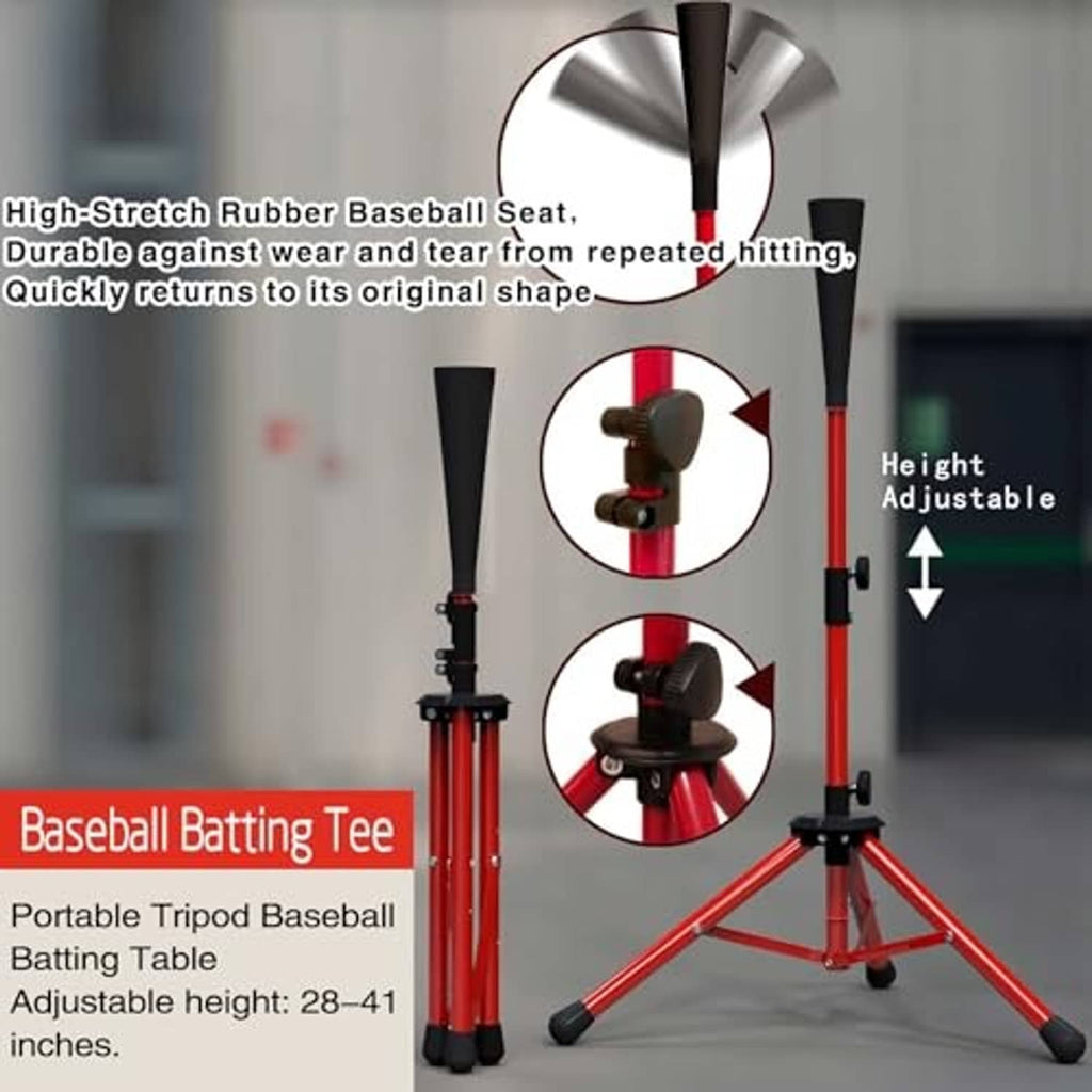 Adjustable tripod baseball batting tee with red frame and rubber target base