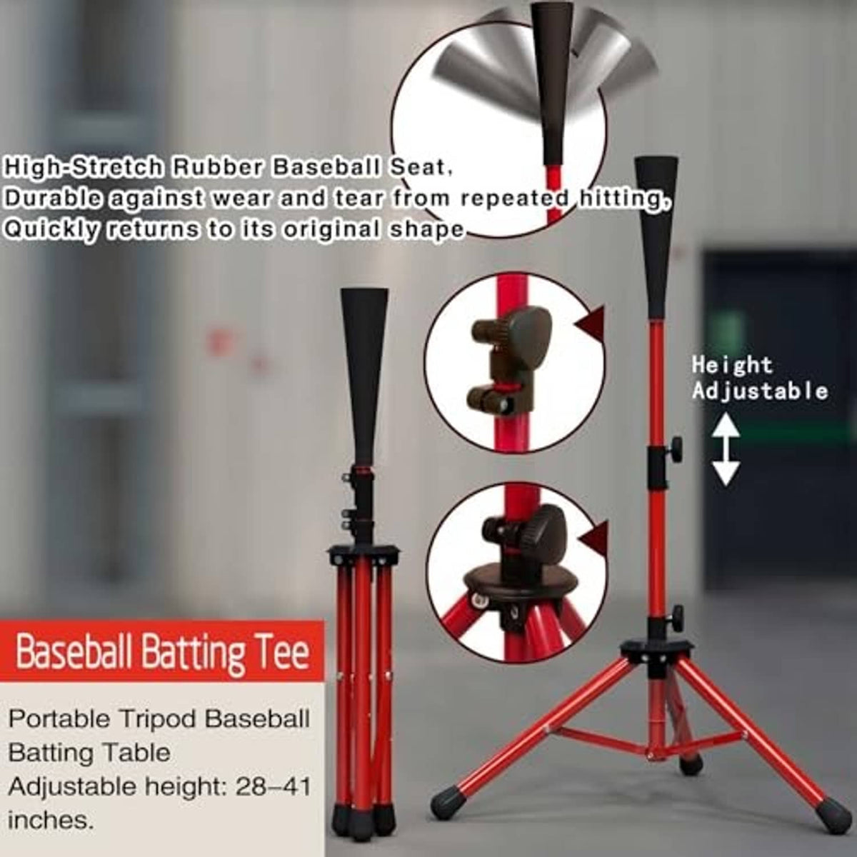 Adjustable tripod baseball batting tee with red frame and rubber target base