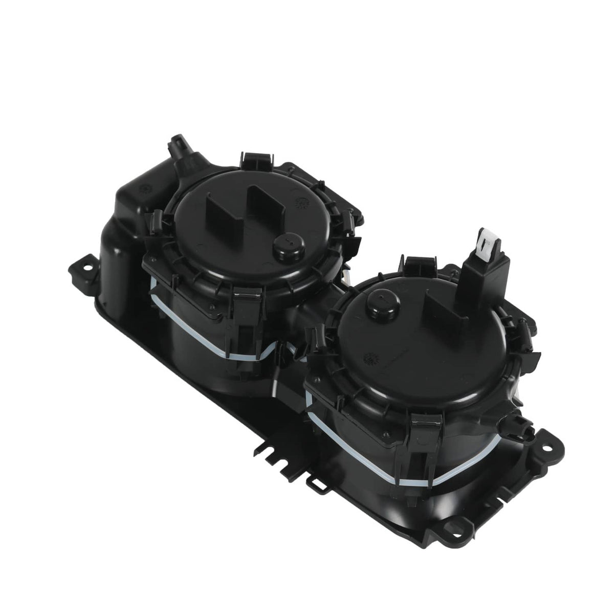 Black dual cup holder insert angled view showing two round covers and mounting tabs