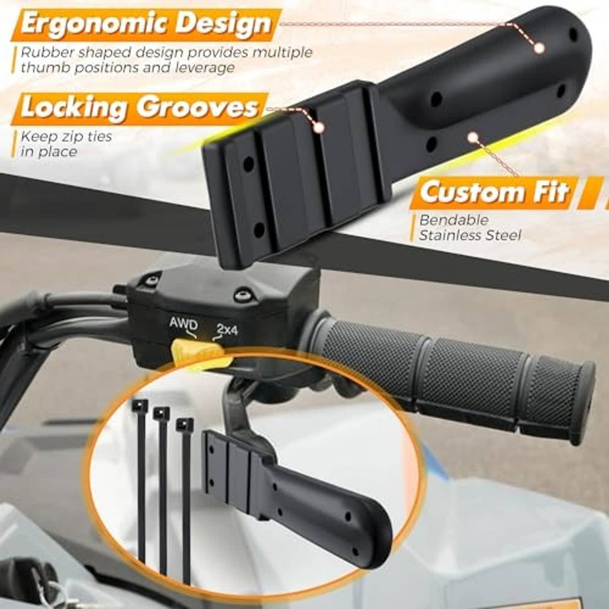 Black ATV thumb throttle extender with wrap-around clamp and mounting holes