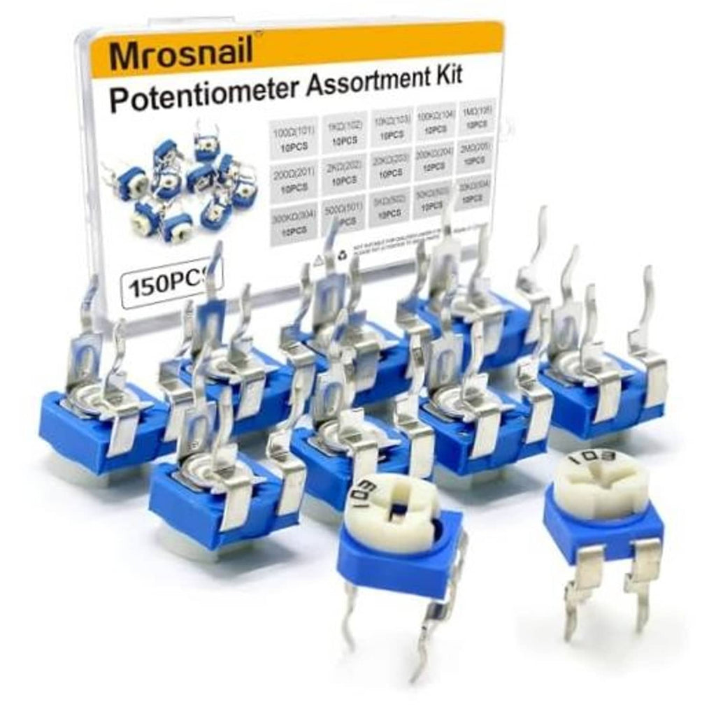 Potentiometer assortment kit with blue trimmer modules and silver metal shafts, loose set