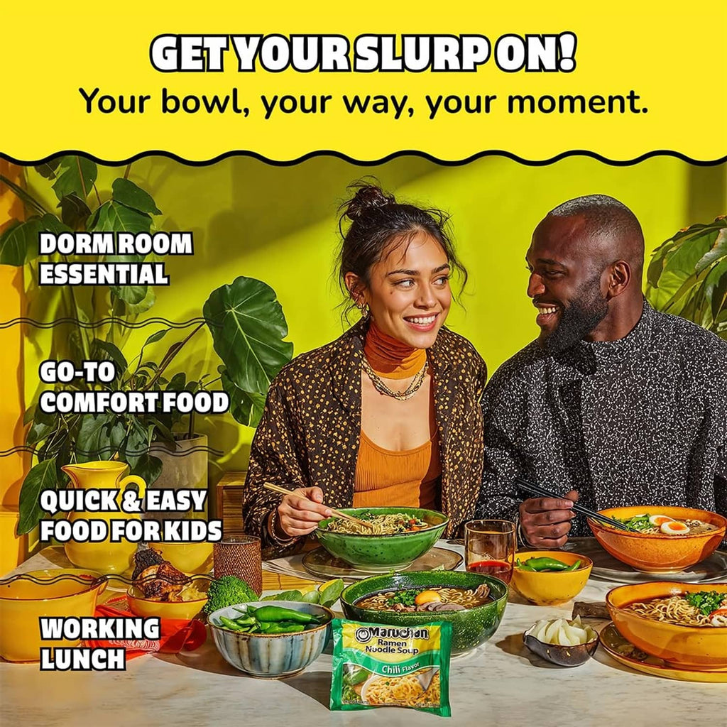 Maruchan ramen noodle soup chili flavor packets on a table with bowls