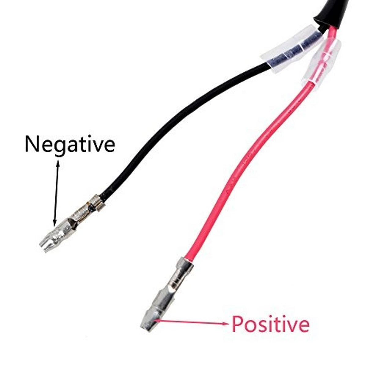 Positive and negative electrical leads for LED turn signal: black and red wires with terminals