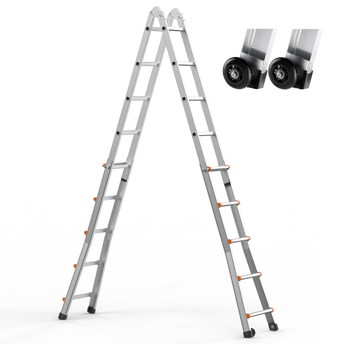 Gray A-frame telescoping extension ladder with orange safety caps on feet and rungs