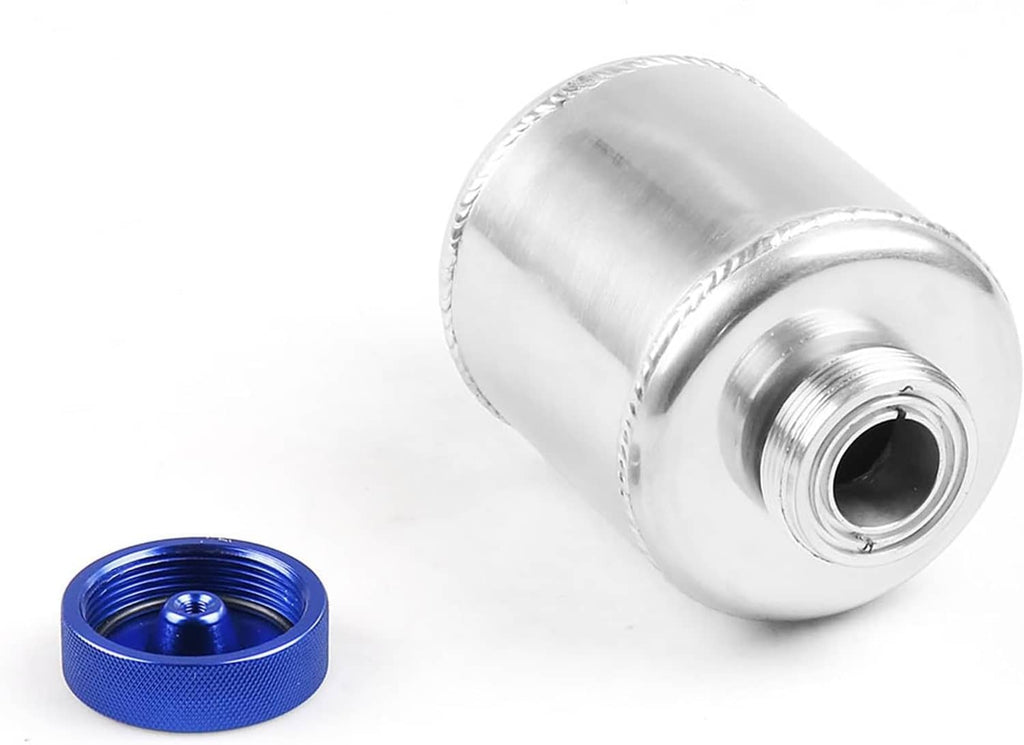 Aluminum power steering fluid reservoir tank with silver body and blue threaded cap