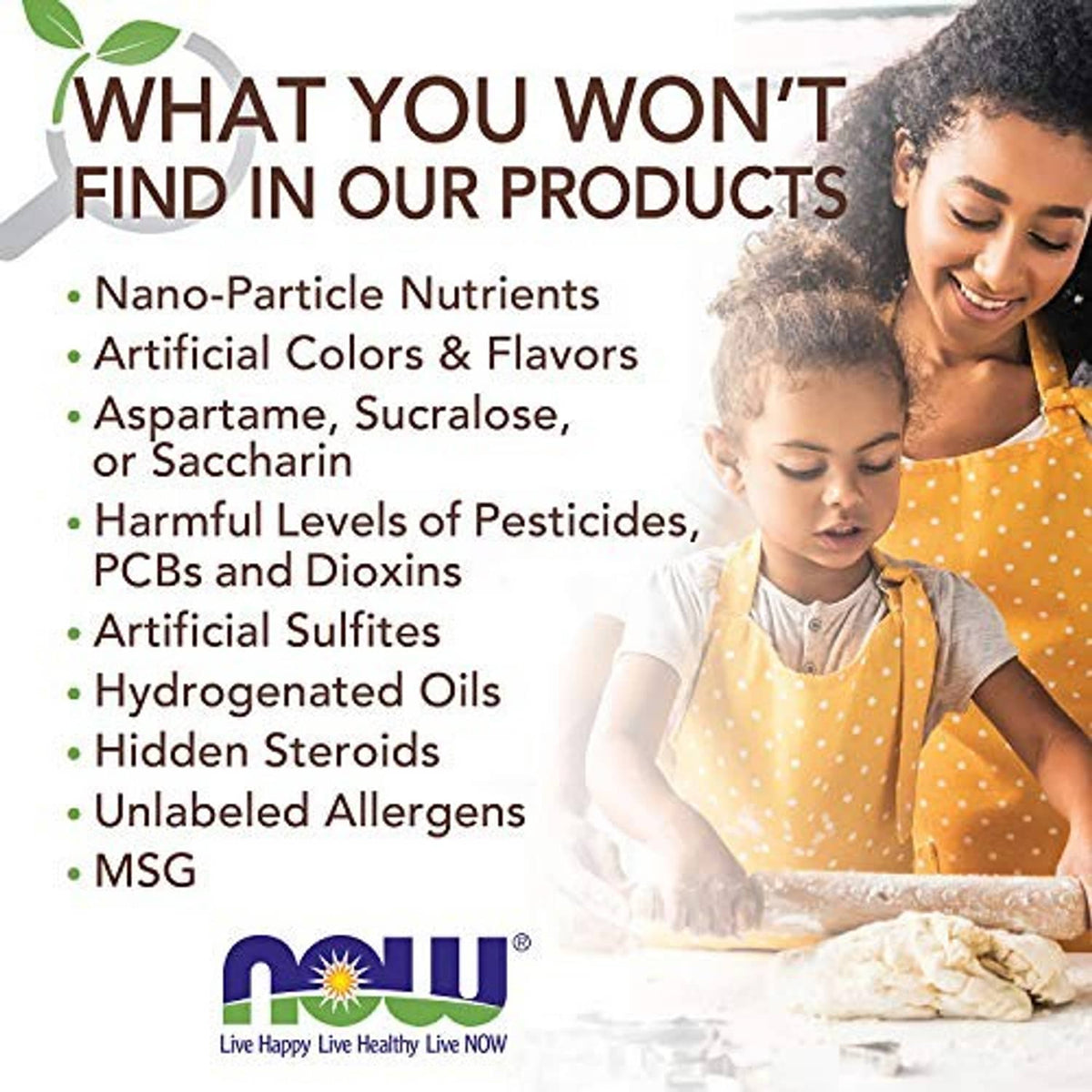 Food ingredient claim graphic saying no artificial colors or flavors, with family cooking