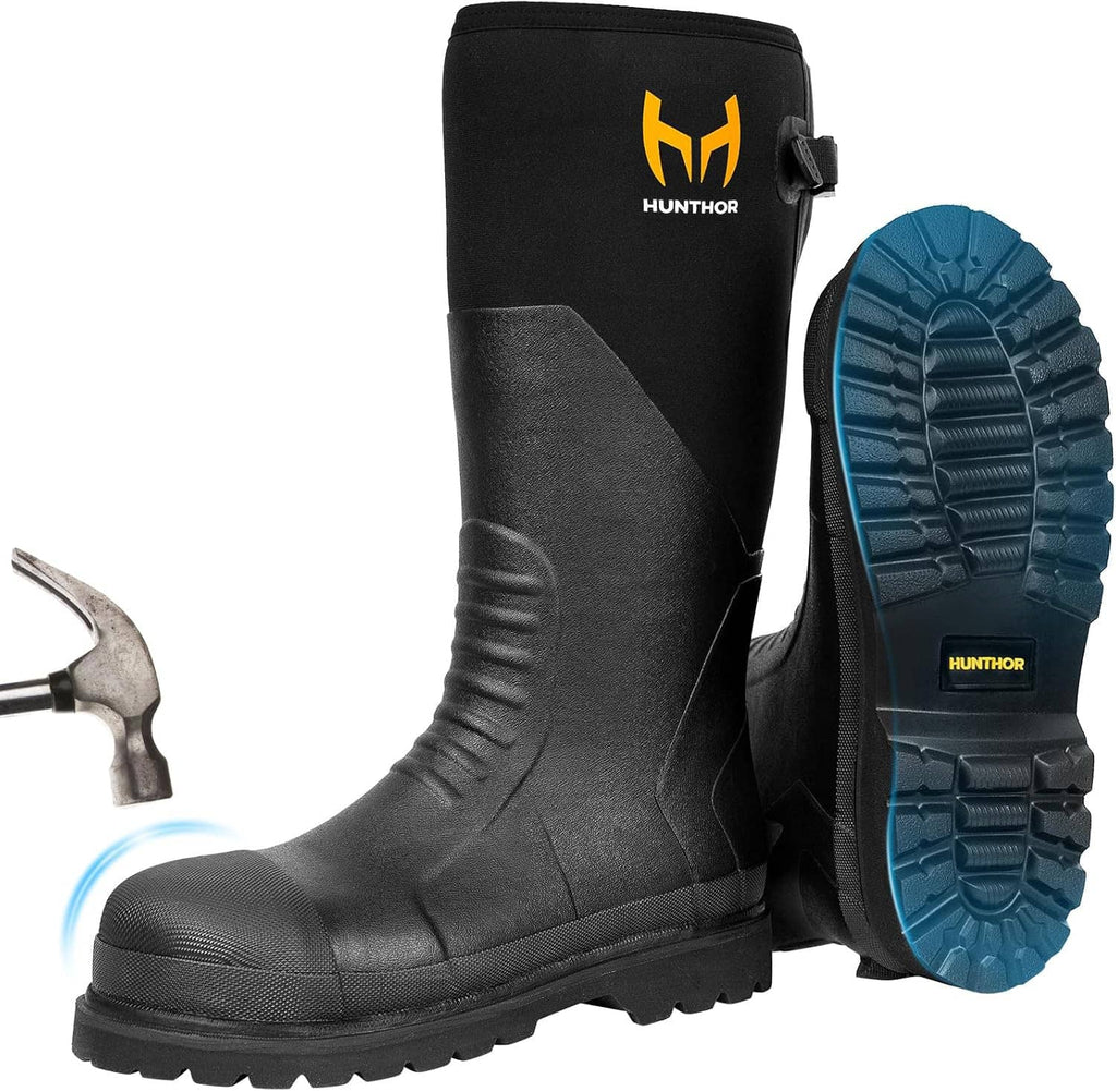 Black tall rubber work boot with visible blue outsole tread and rounded toe