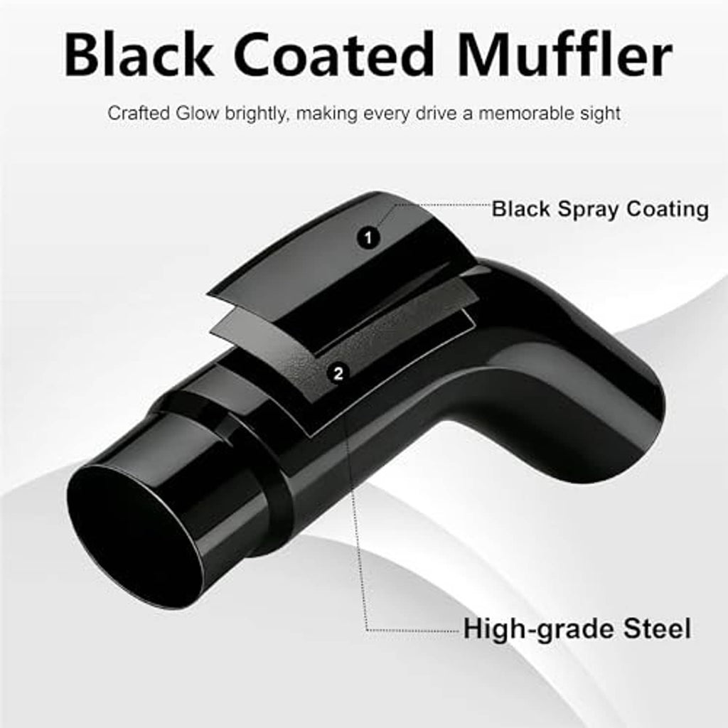 Black coated muffler-style exhaust elbow with layered chambers, glossy stainless steel