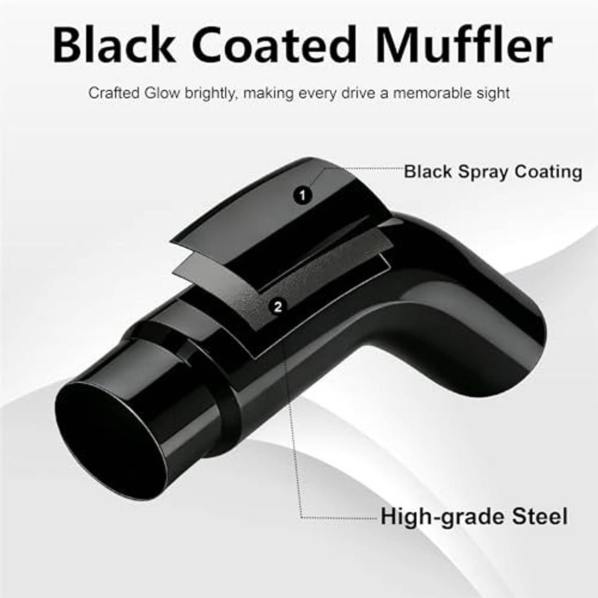 Black coated muffler-style exhaust elbow with layered chambers, glossy stainless steel