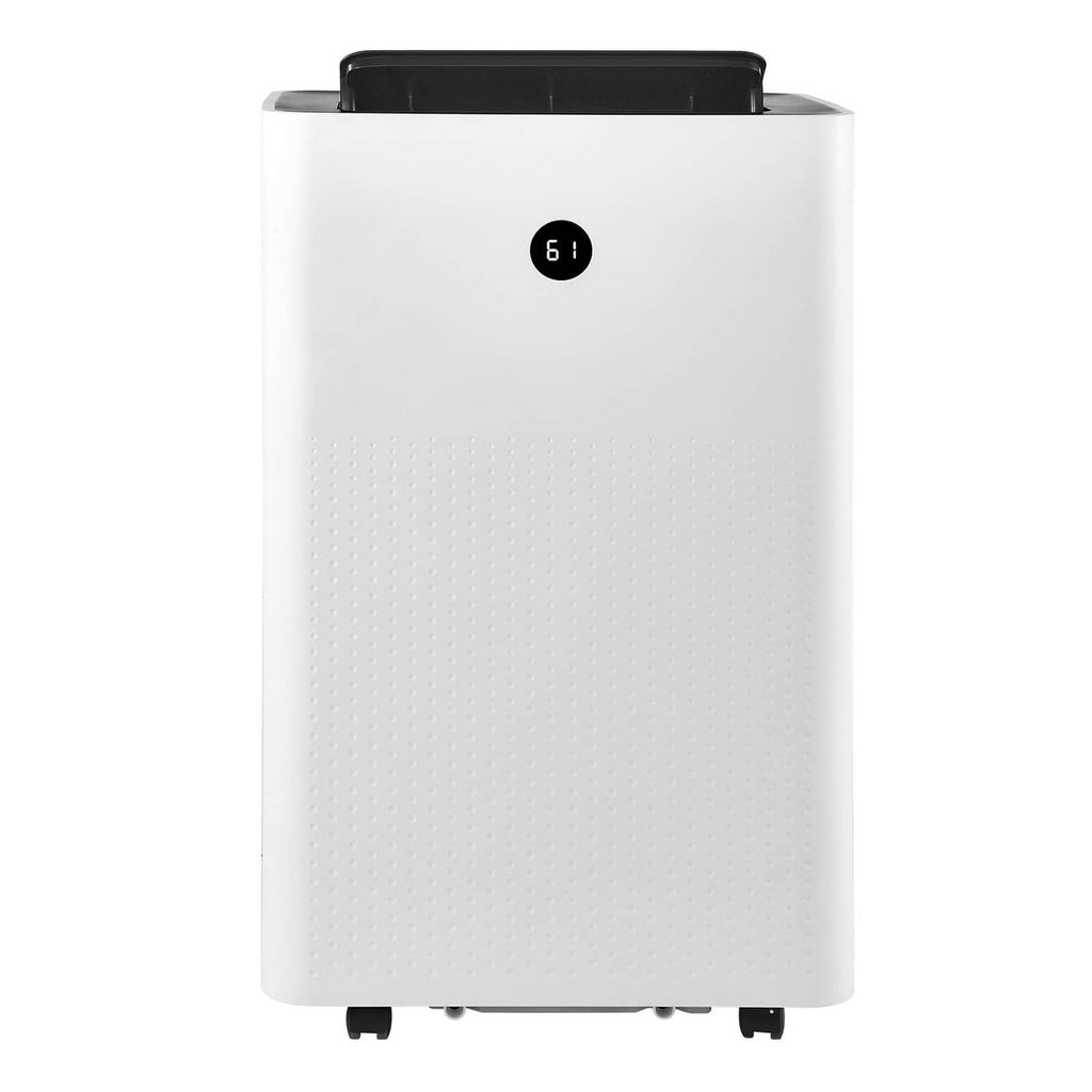 Portable air conditioner heater combo, white front view with control light centered on panel