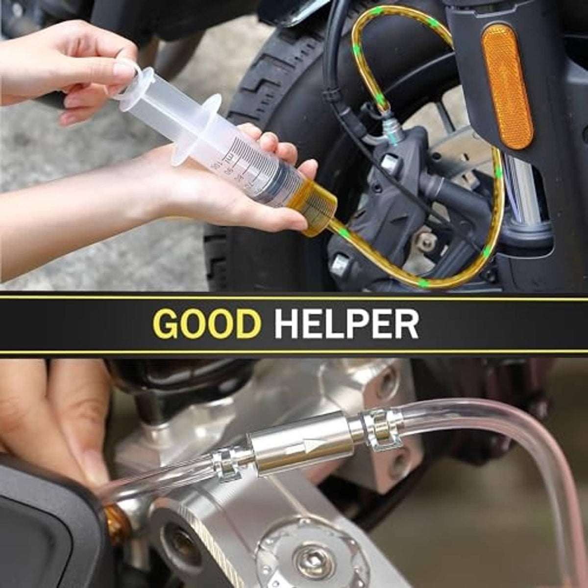 Hydraulic brake bleeder syringe with clear hose and metal nozzle used on a vehicle