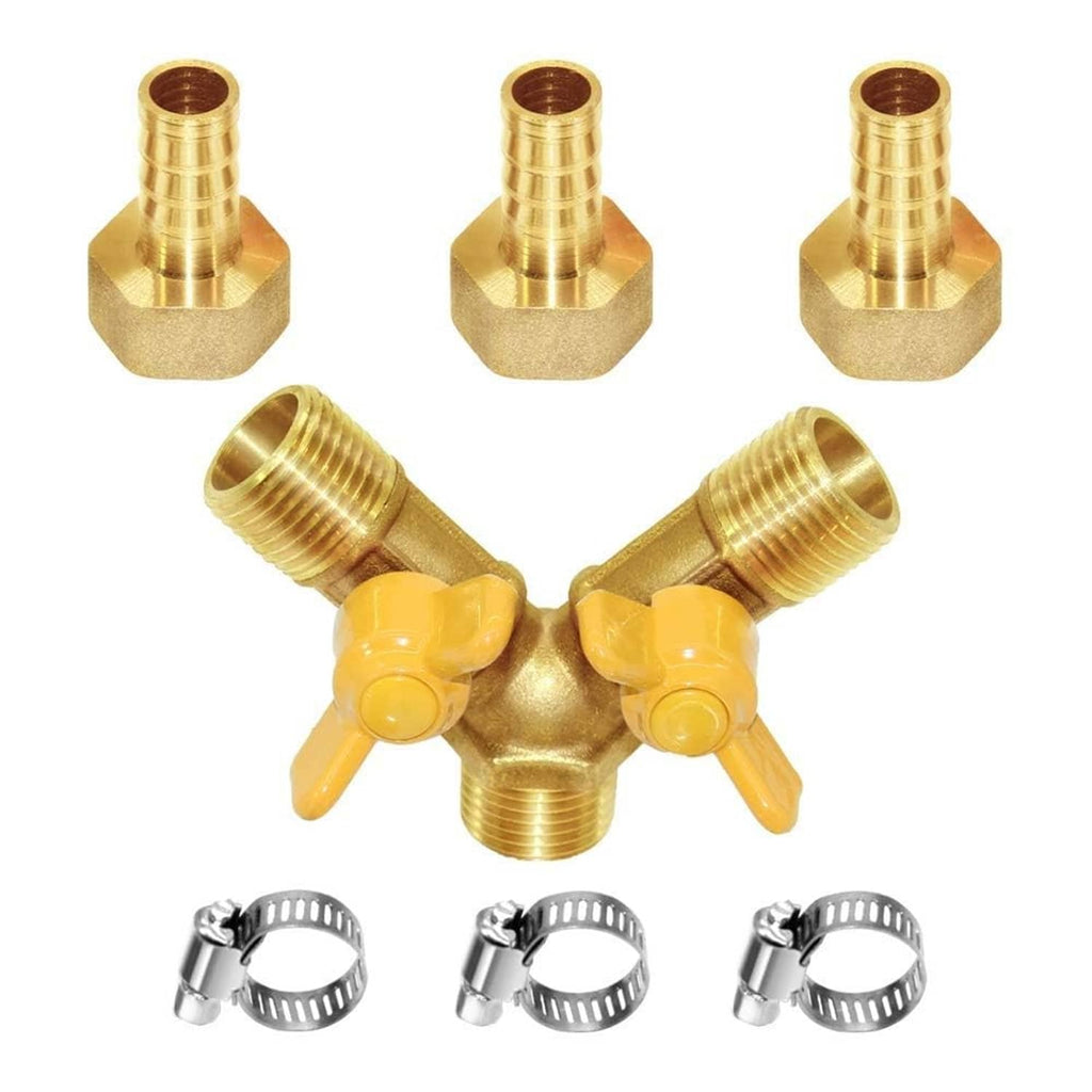 Brass 3-way hose Y ball valve with yellow levers, threaded ends, and clamps