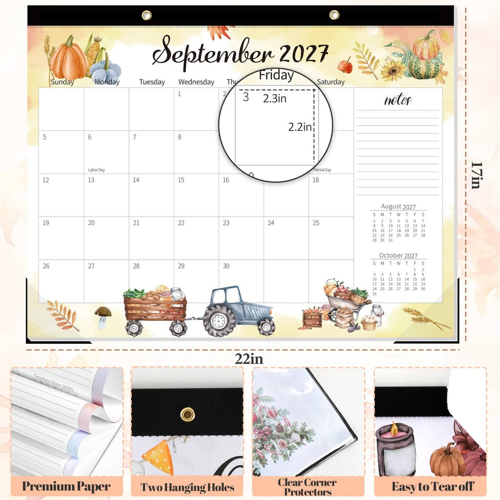 September 2027 desk calendar close-up with corner protectors and hanging holes details