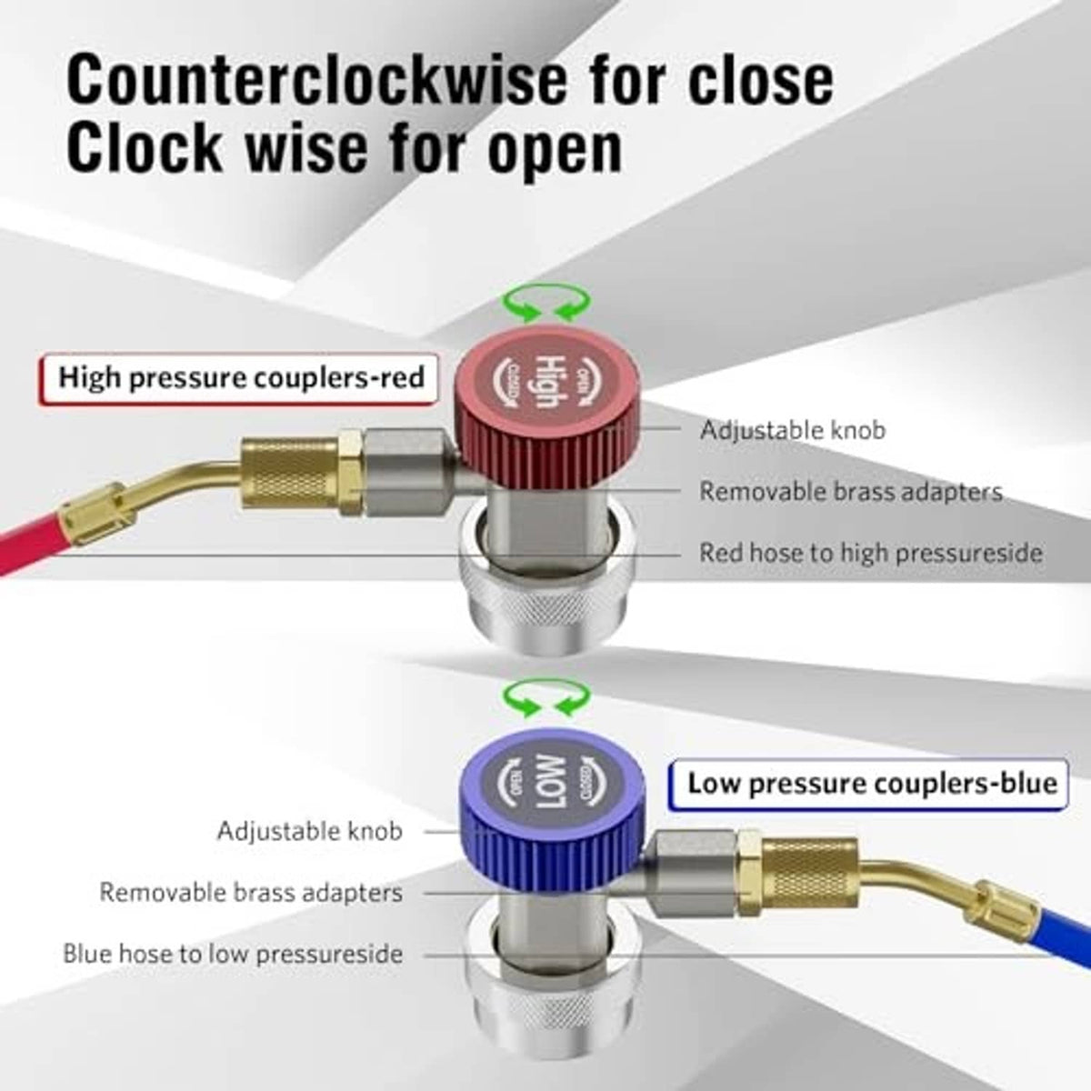 R134a coupler adapter with adjustable knobs for high (red) and low (blue) pressure modes