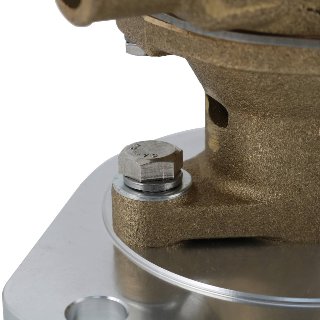 Raw water pump close-up of brass housing and metal fastener on top