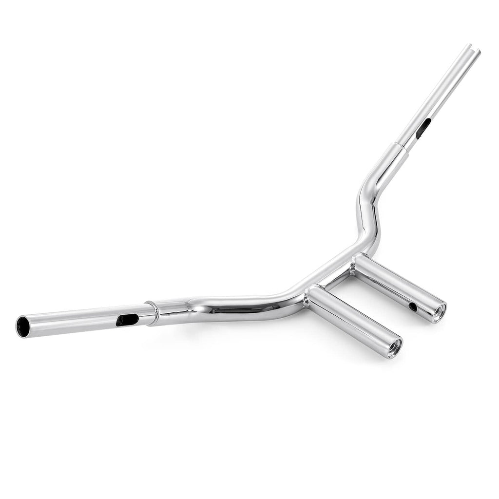 Chrome 10-inch T-bar handlebar, side profile with angled rise and bar openings