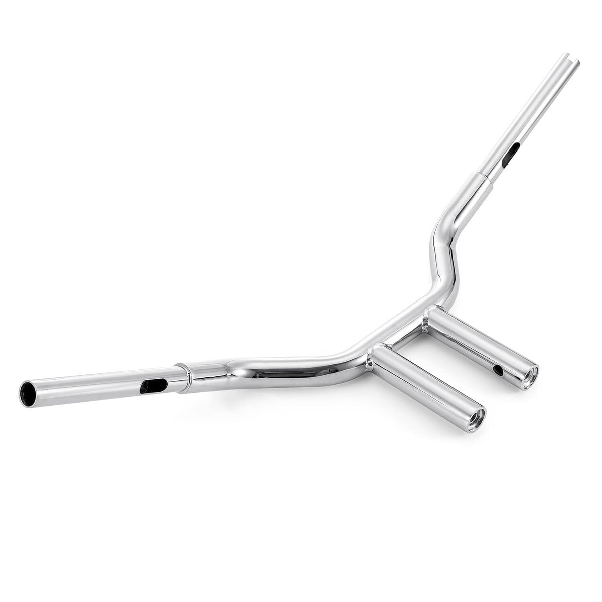 Chrome 10-inch T-bar handlebar, side profile with angled rise and bar openings