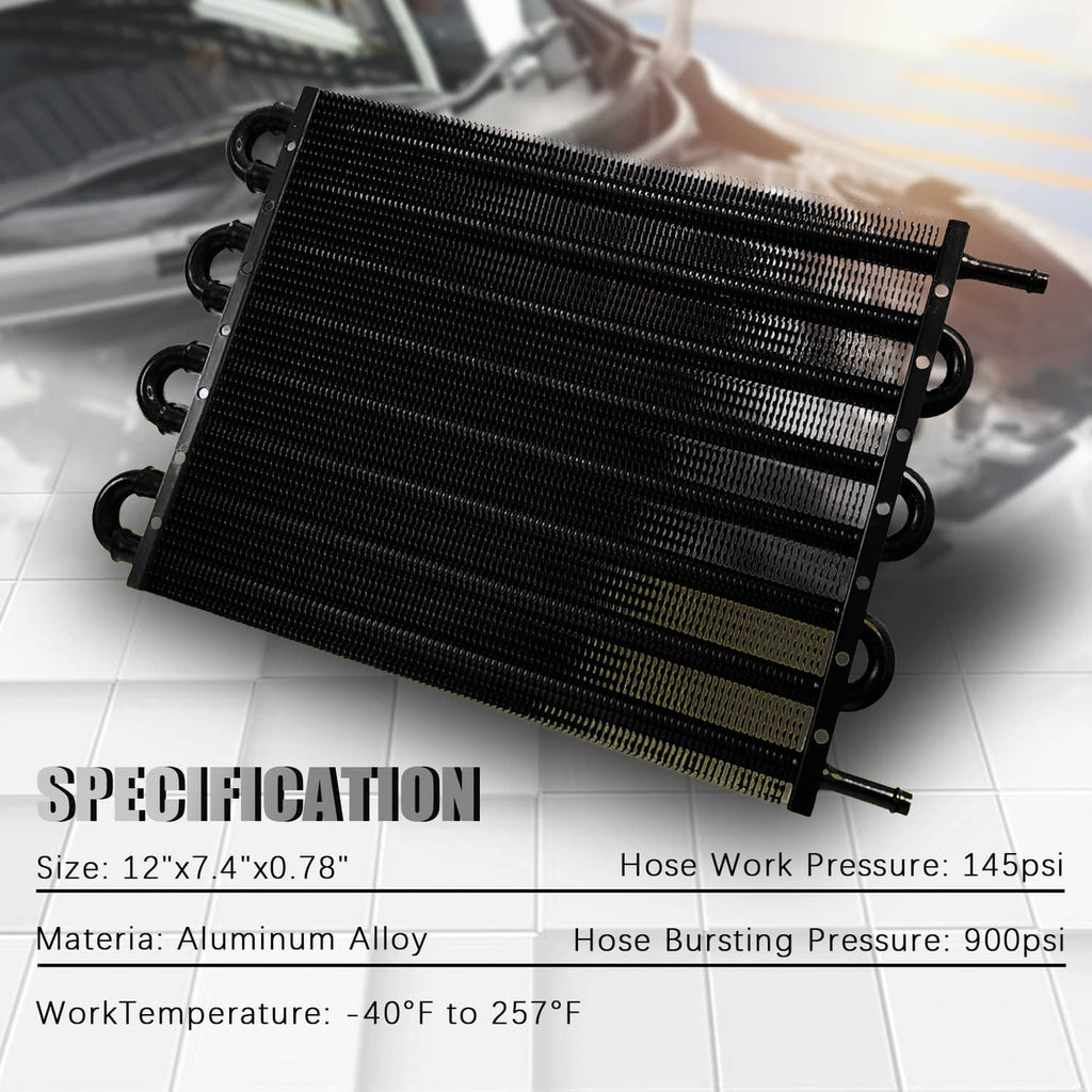 Black 8-row oil cooler radiator with mounting brackets and side ports