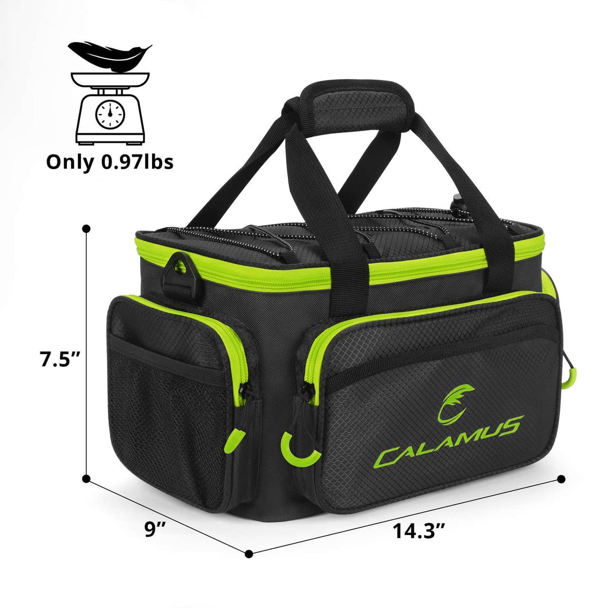 Black tackle bag with neon green trim and front organizer pockets