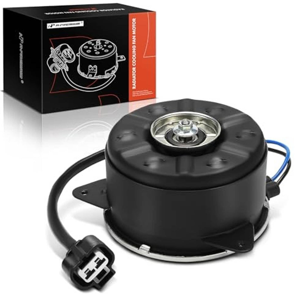 Radiator fan motor with black round housing, silver center cap, and blue wire leads