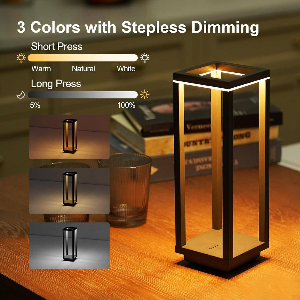 Cordless lantern table lamp with step-less dimming, warm to white LED light