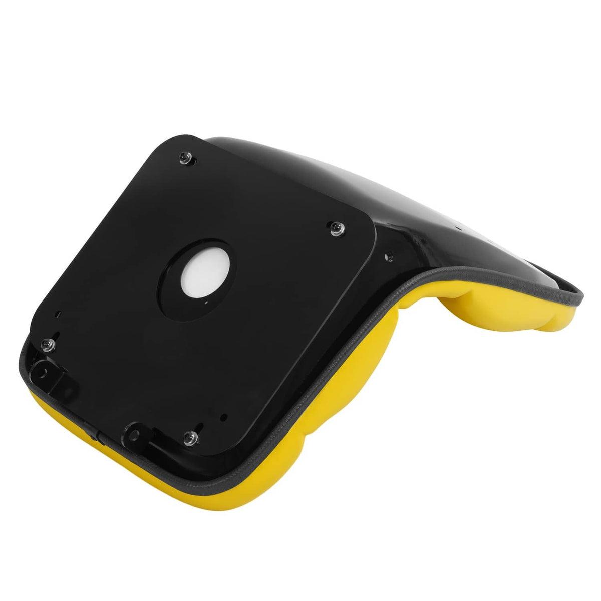 Yellow and black tractor seat base with central circular opening and bolts