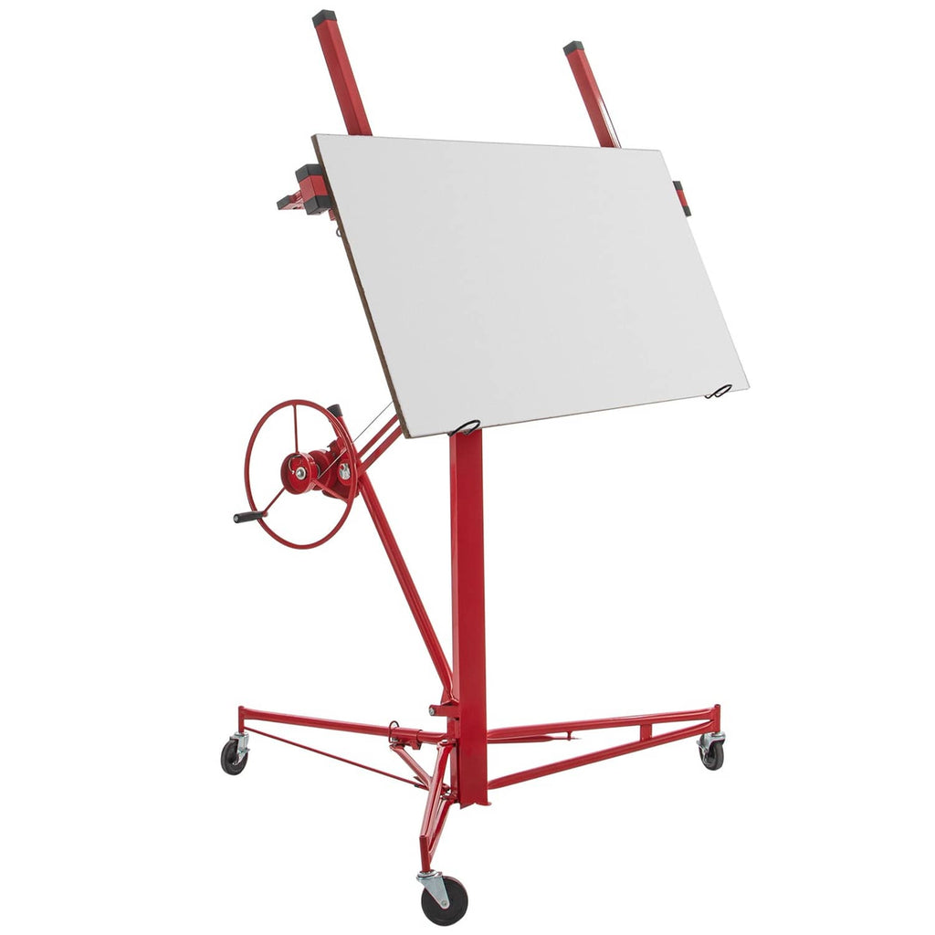 Drywall rolling lifter panel hoist with red frame and wheeled stand