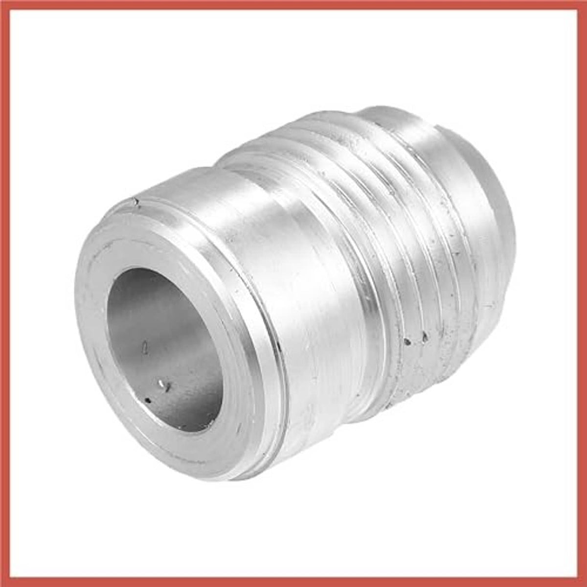 Silver aluminum weld-on bung hose adapter fitting, close-up of threaded body