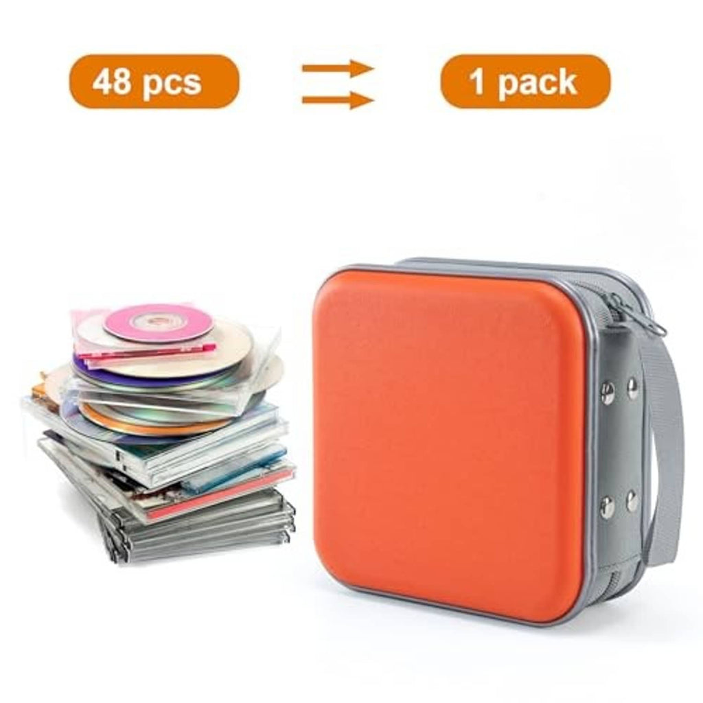 Orange hard DVD/CD case showing capacity for up to 48 discs in a single pack.
