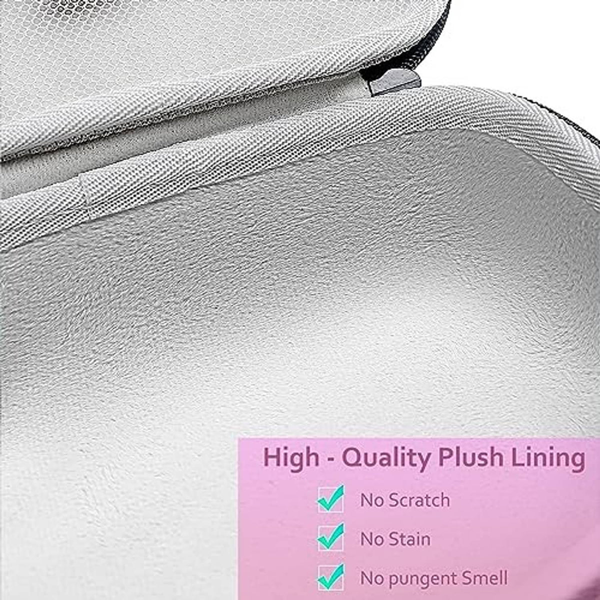 Light gray plush-lined interior of a hard headphone case with open lid and hinge tab.