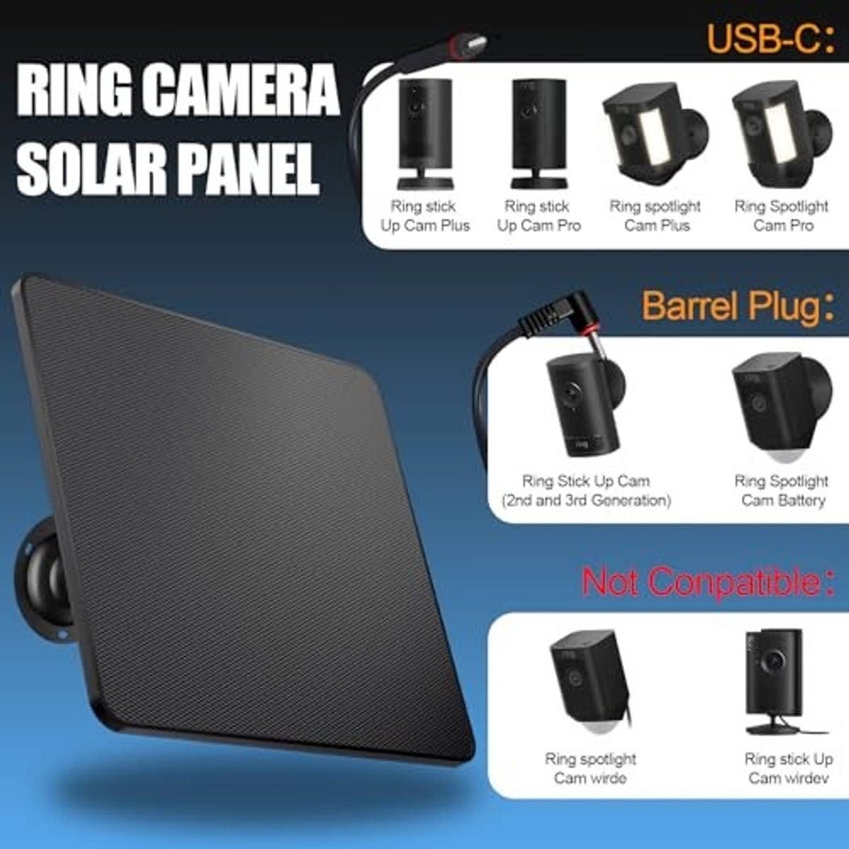 Black solar panel for ring camera with mounting base and connected power cable