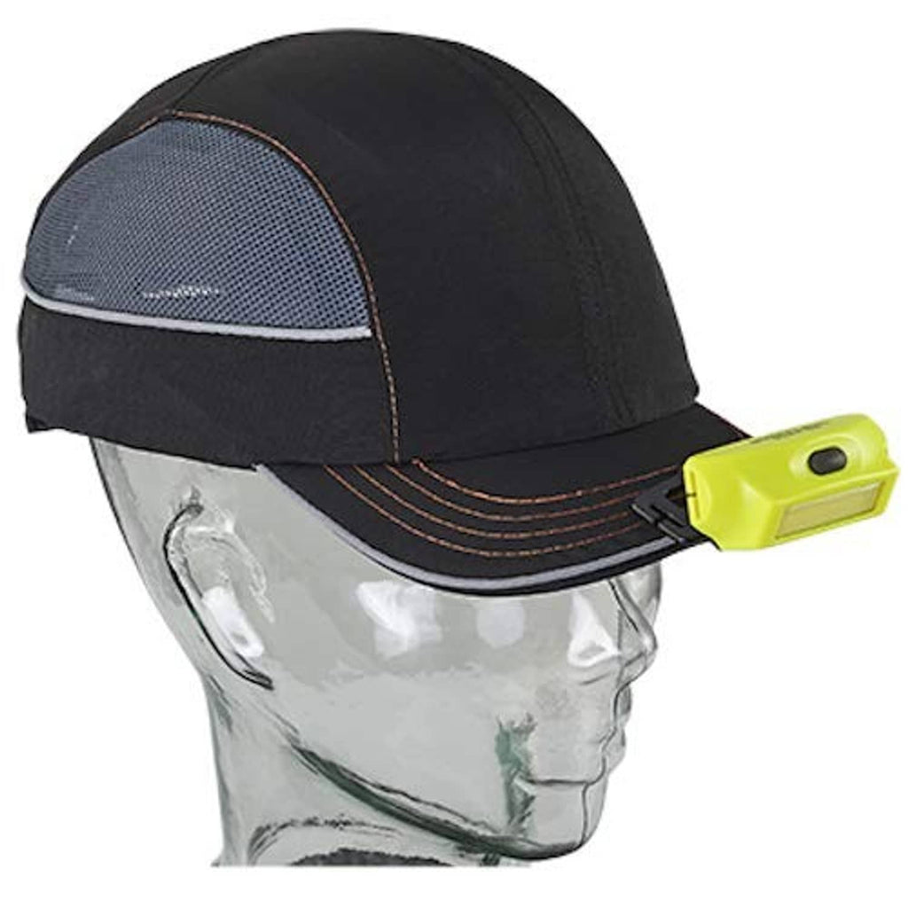 Black-and-blue cap with Streamlight Bandit headlamp on side, yellow light window