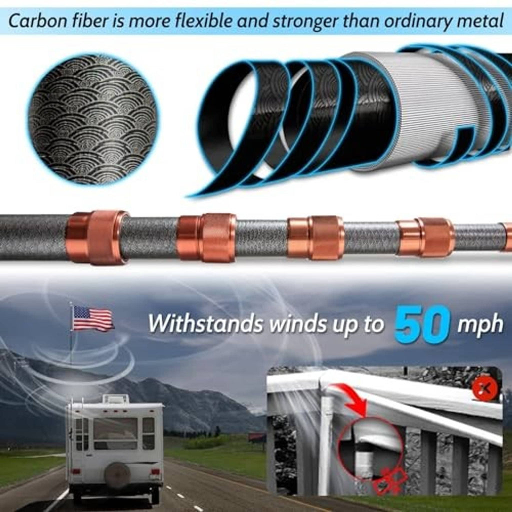 Carbon fiber RV flag pole with copper ring joints for flexible, sturdy performance
