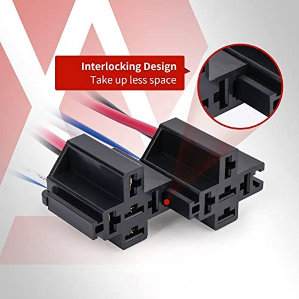 Fused DC SPST relay with interlocking 4-pin connector and green blade fuse, black