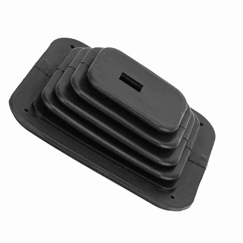 Black rubber shifter boot cover with ribbed channels and rectangular cutout