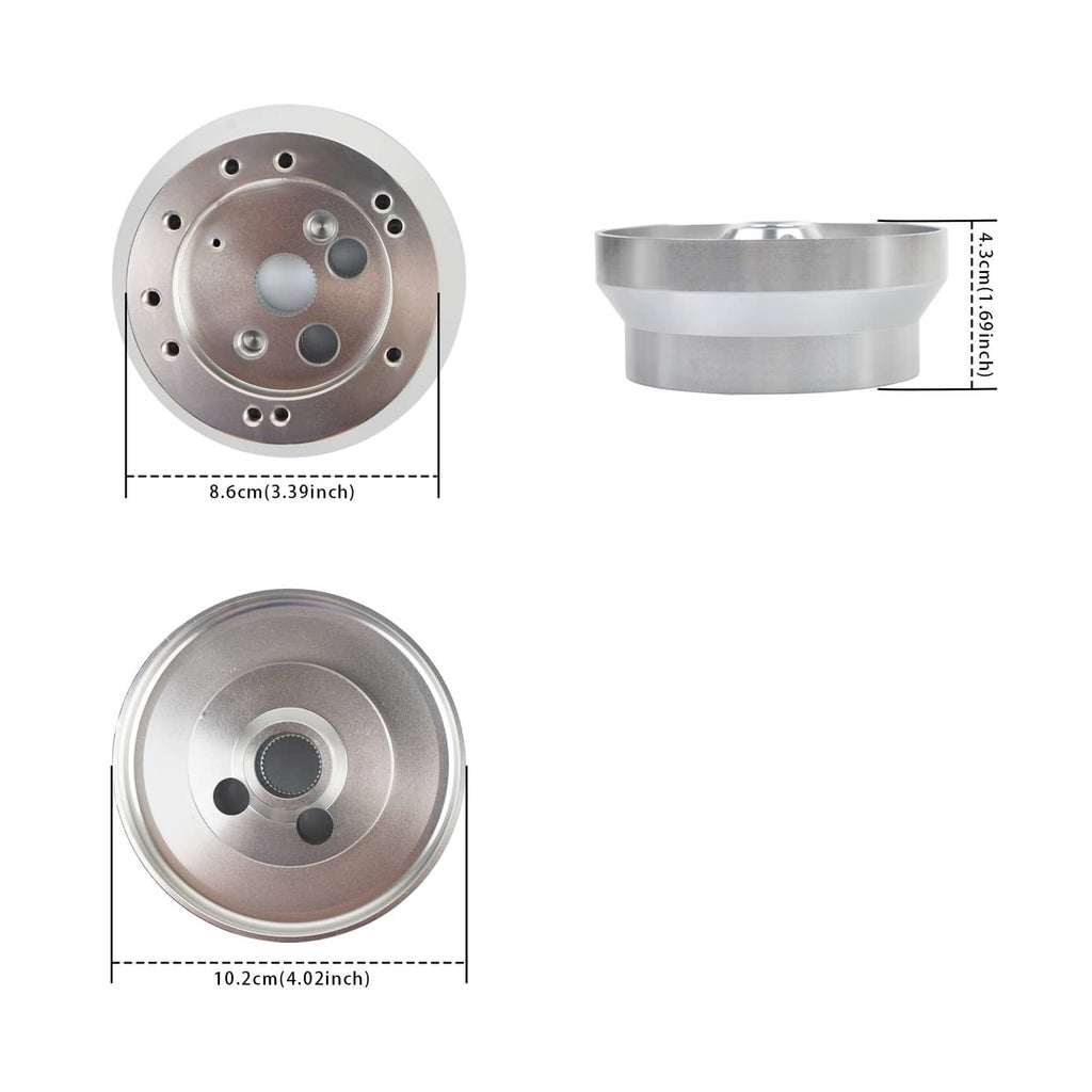 Polished steering wheel hub adapter with dimension diagram and mounting hole layout
