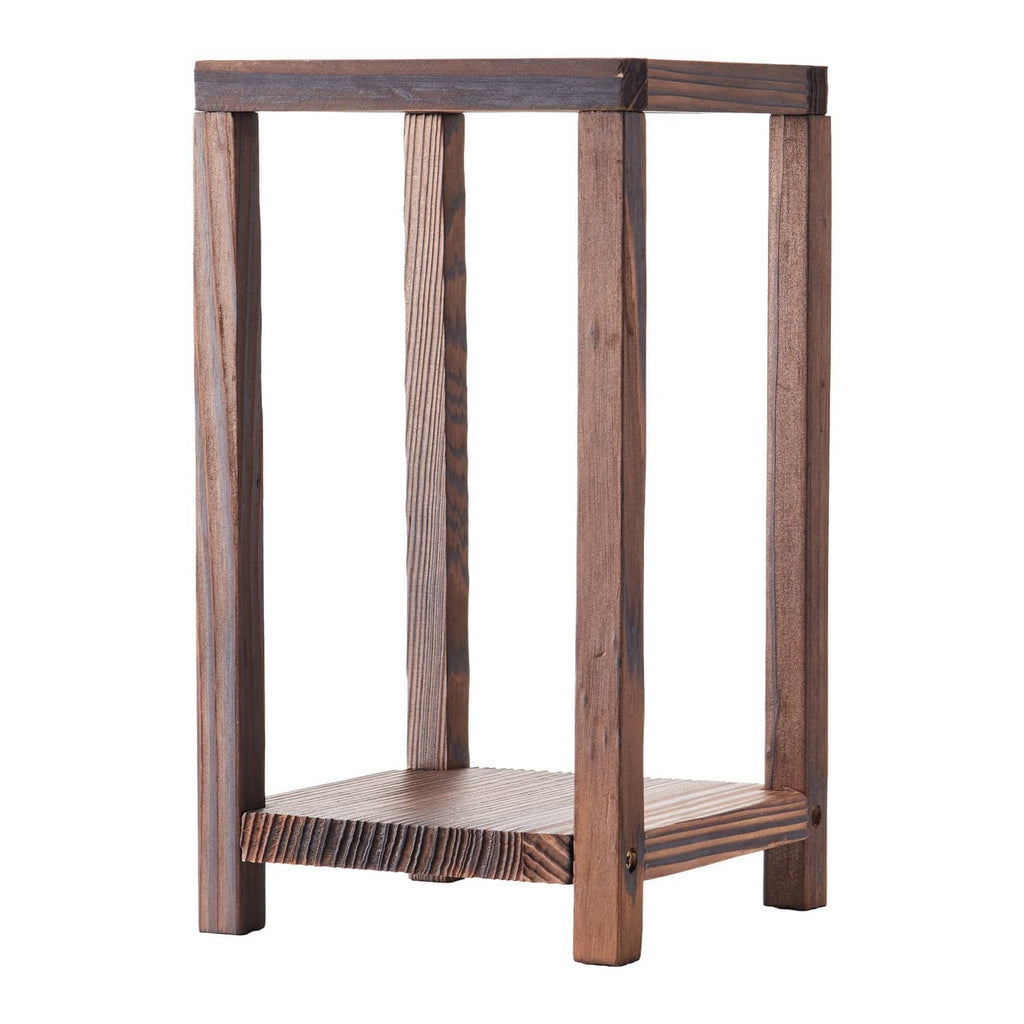 Brown wooden lantern frame with open top and bottom shelf, no candle included