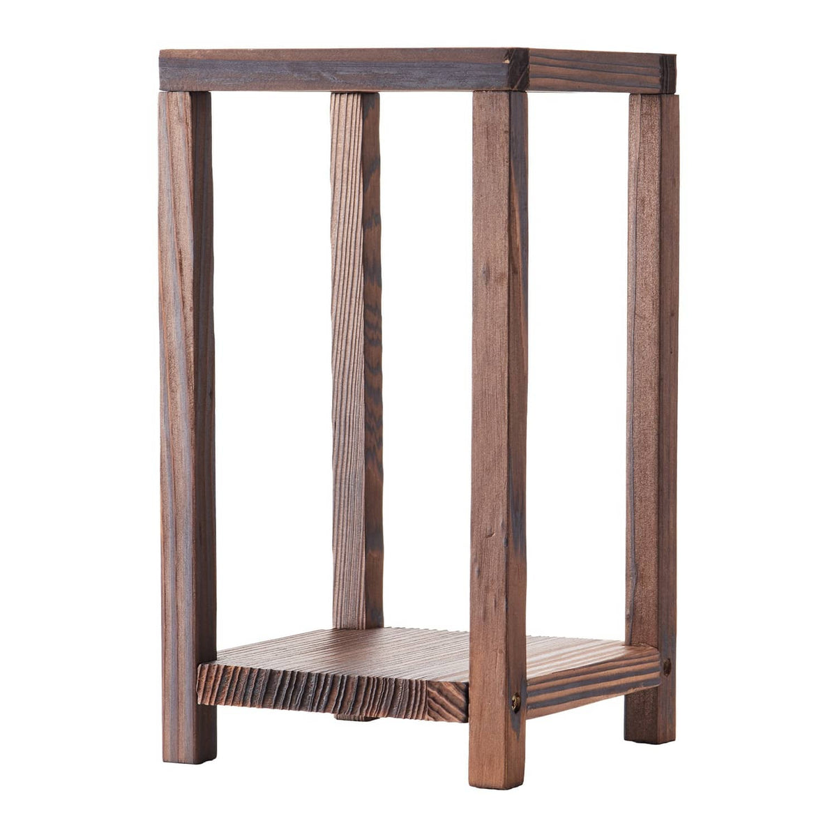 Brown wooden lantern frame with open top and bottom shelf, no candle included