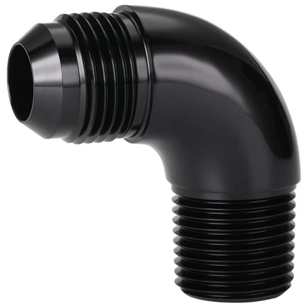 Black 90-degree elbow fitting with flared AN inlet and grooved male threads