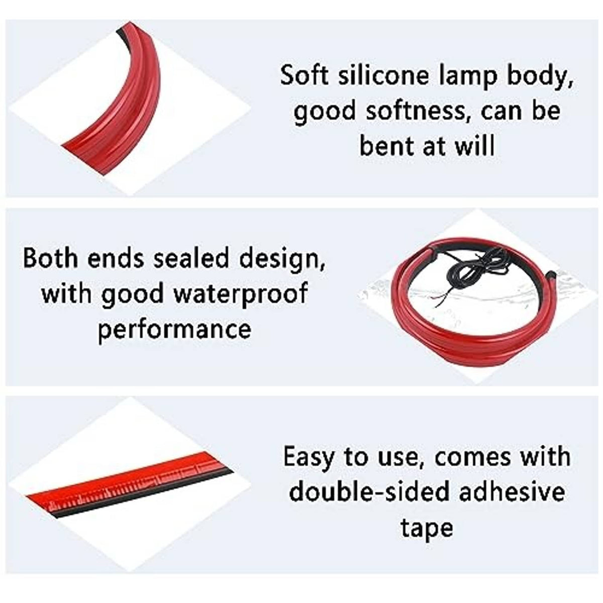 Red flexible silicone LED brake strip with black wiring, shown with double-sided adhesive tape