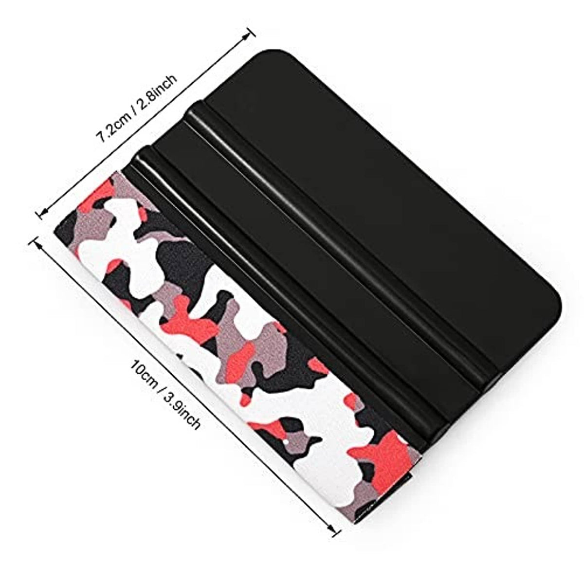 Compact black vinyl squeegee applicator with red, white, and gray camo sponge pad
