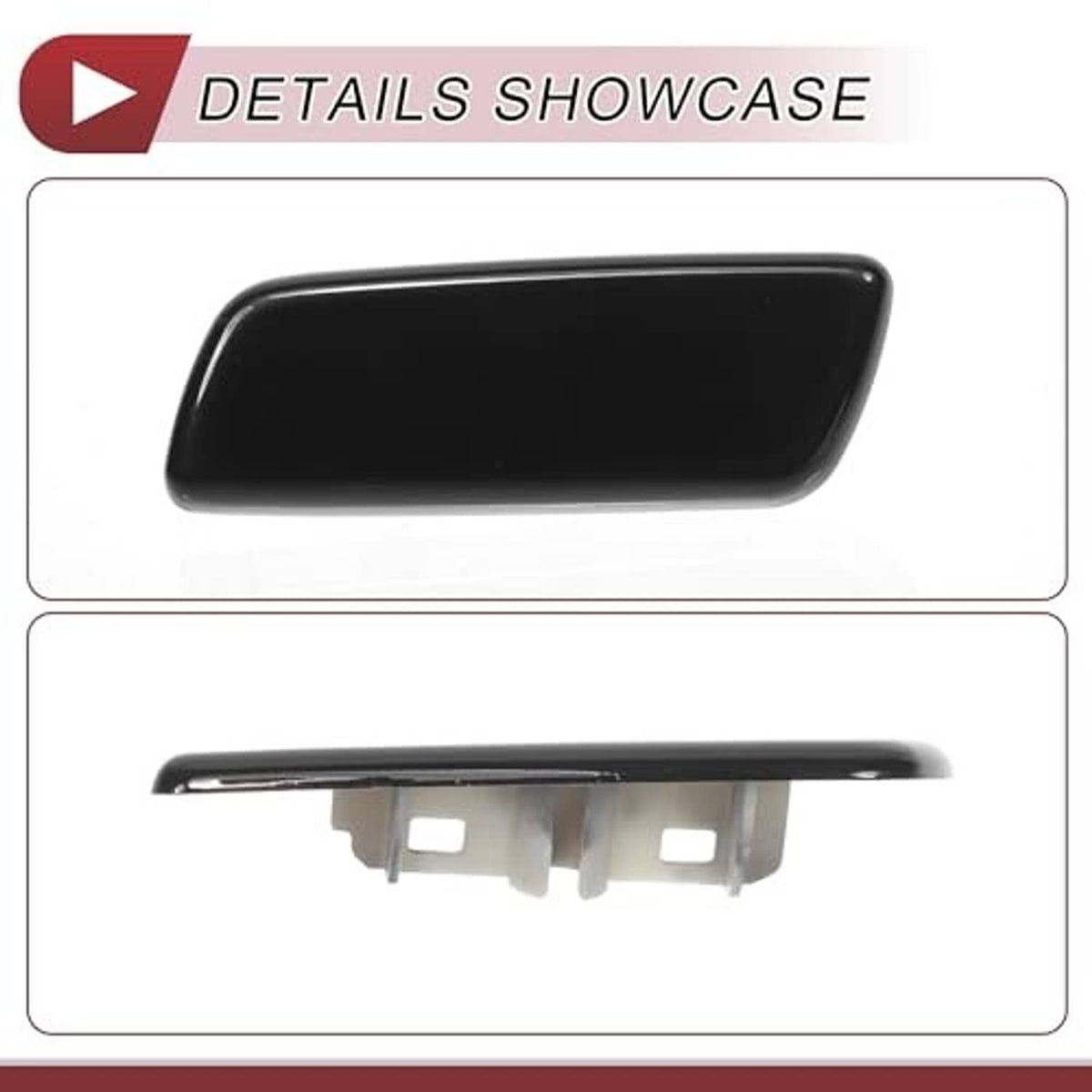 Washer nozzle cover cap front view plus underside with mounting tabs