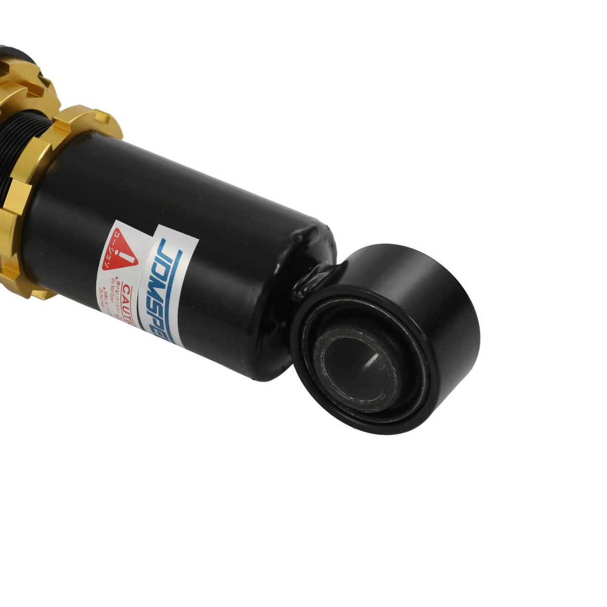 Adjustable coilover strut shock absorber with black body and gold mounting collar
