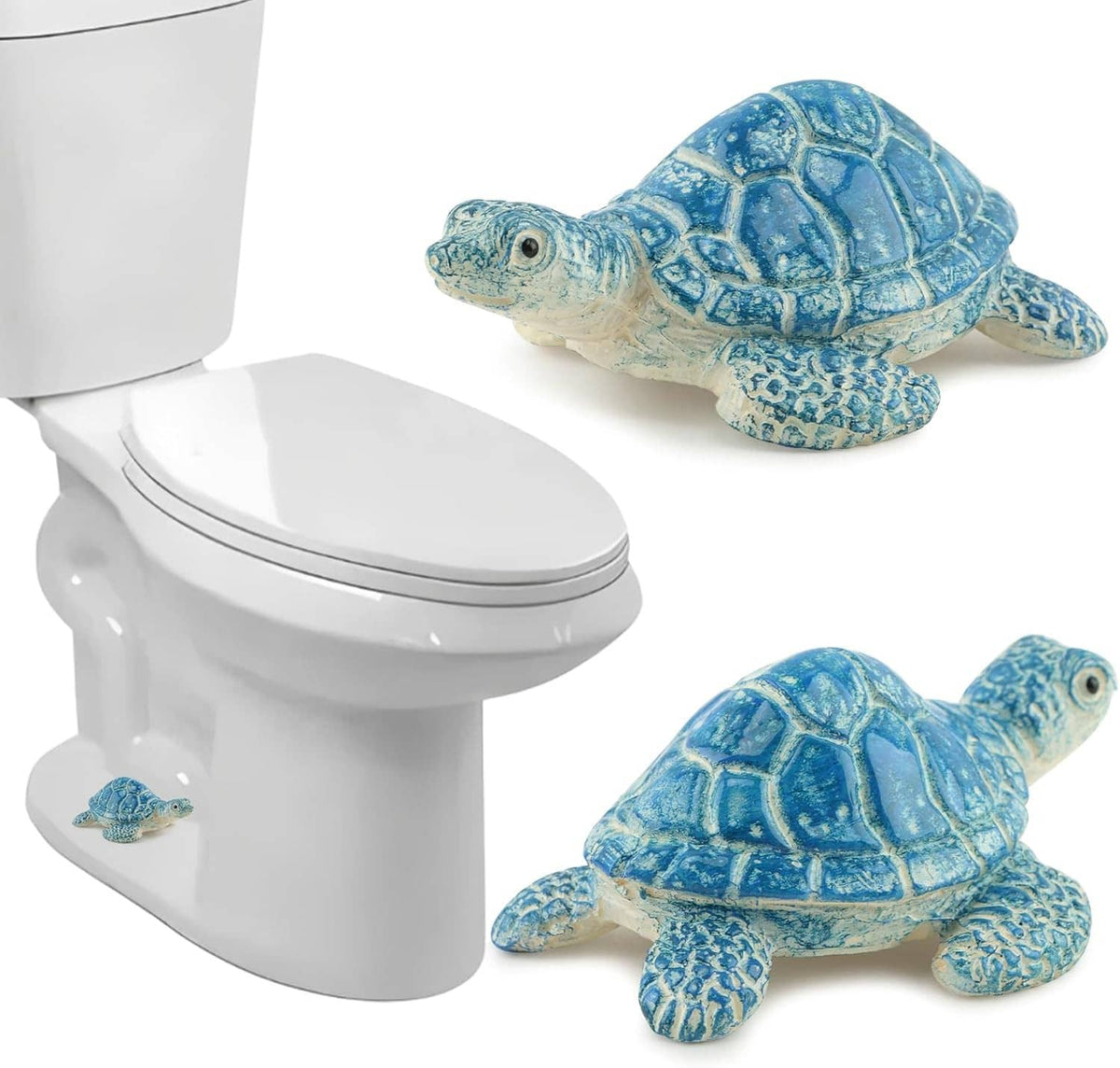 Blue turtle-shaped toilet bolt covers shown with one on the toilet and one beside it