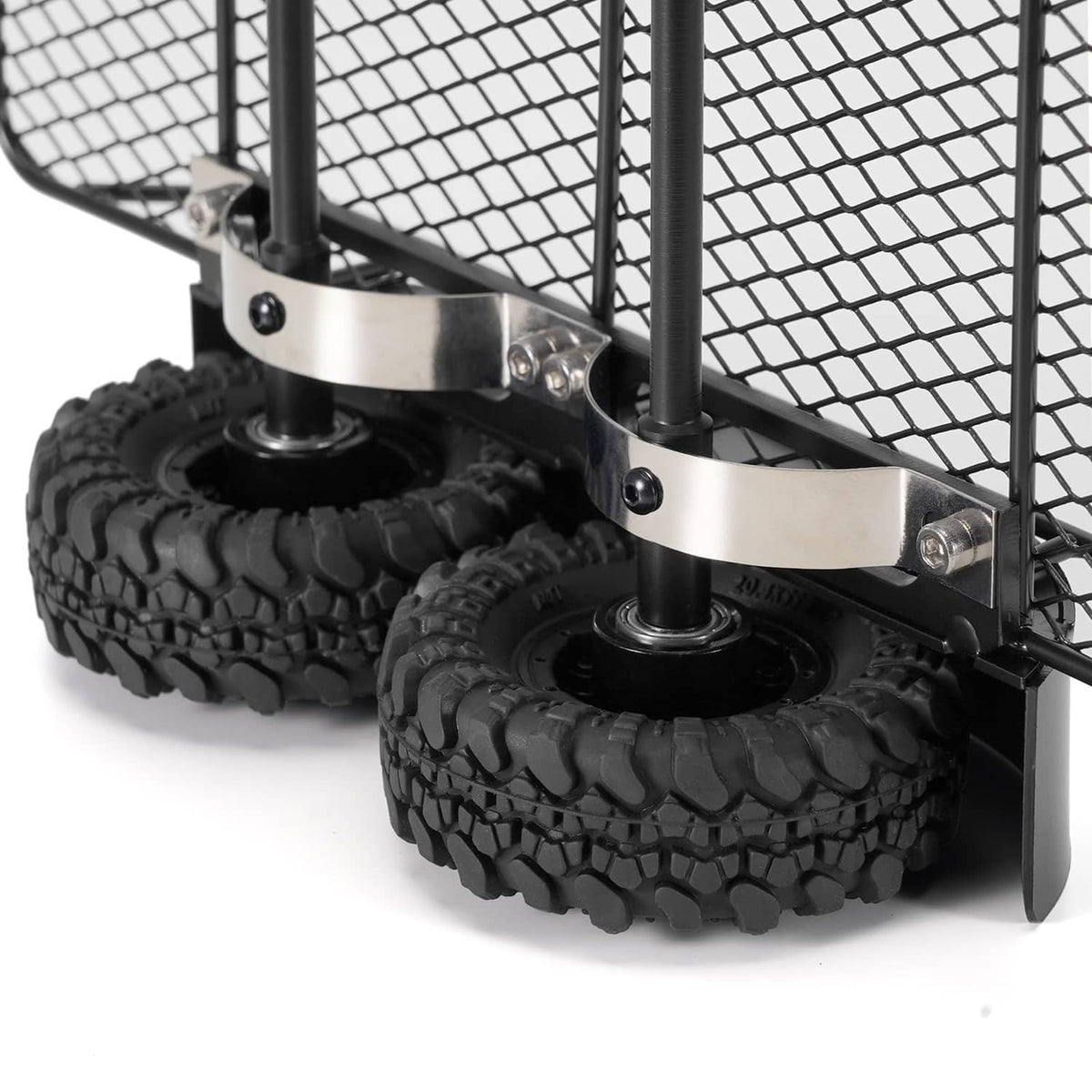 Black metal trailer frame with rubber tires and silver wheel brackets
