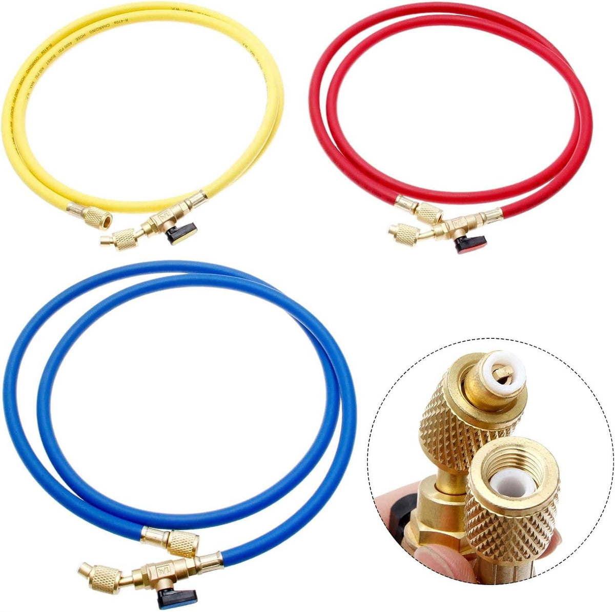 Refrigerant charging hose set: yellow, red, and blue tubes with brass end connectors