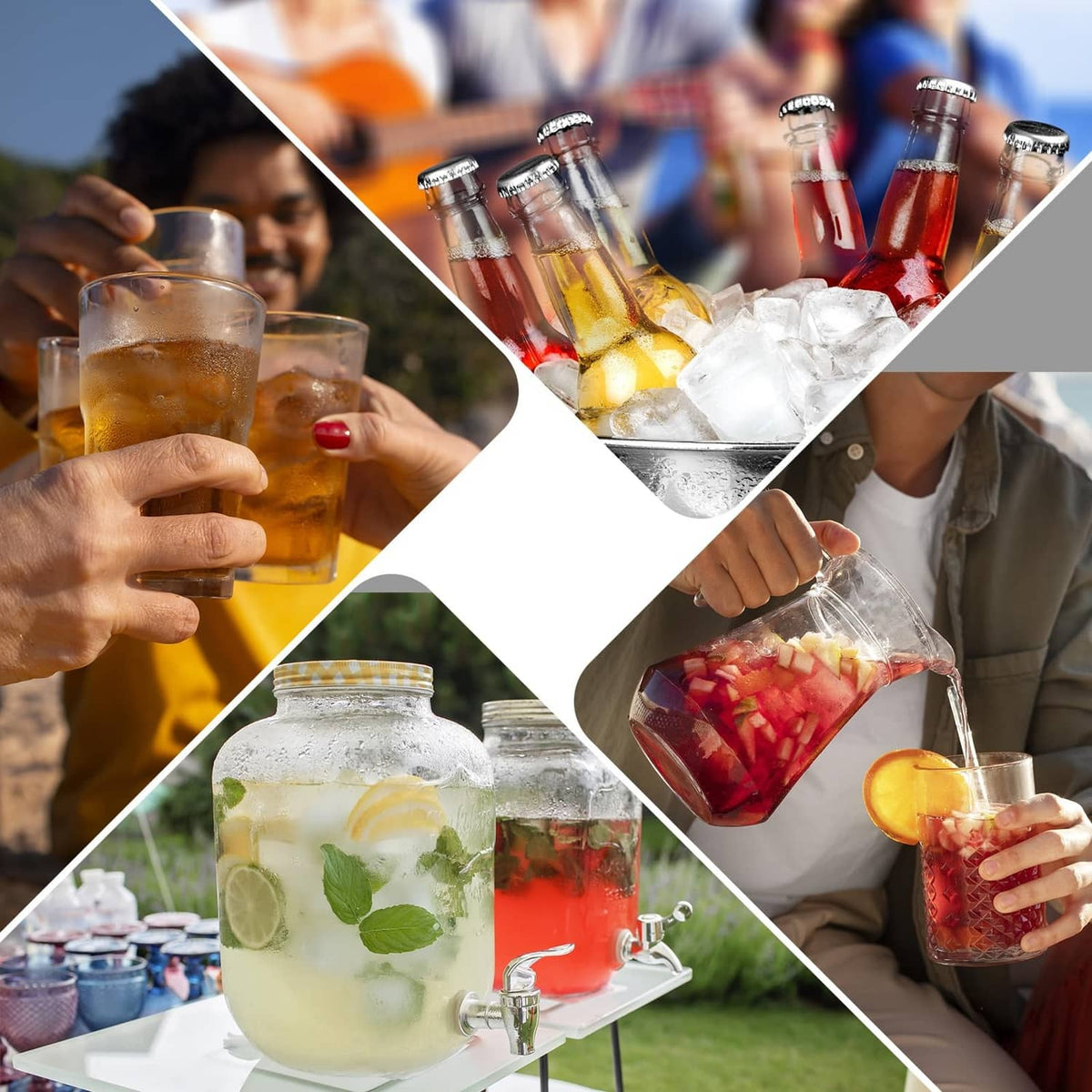 Ice cube trays used with party drinks, showing cube molding and serving across cups