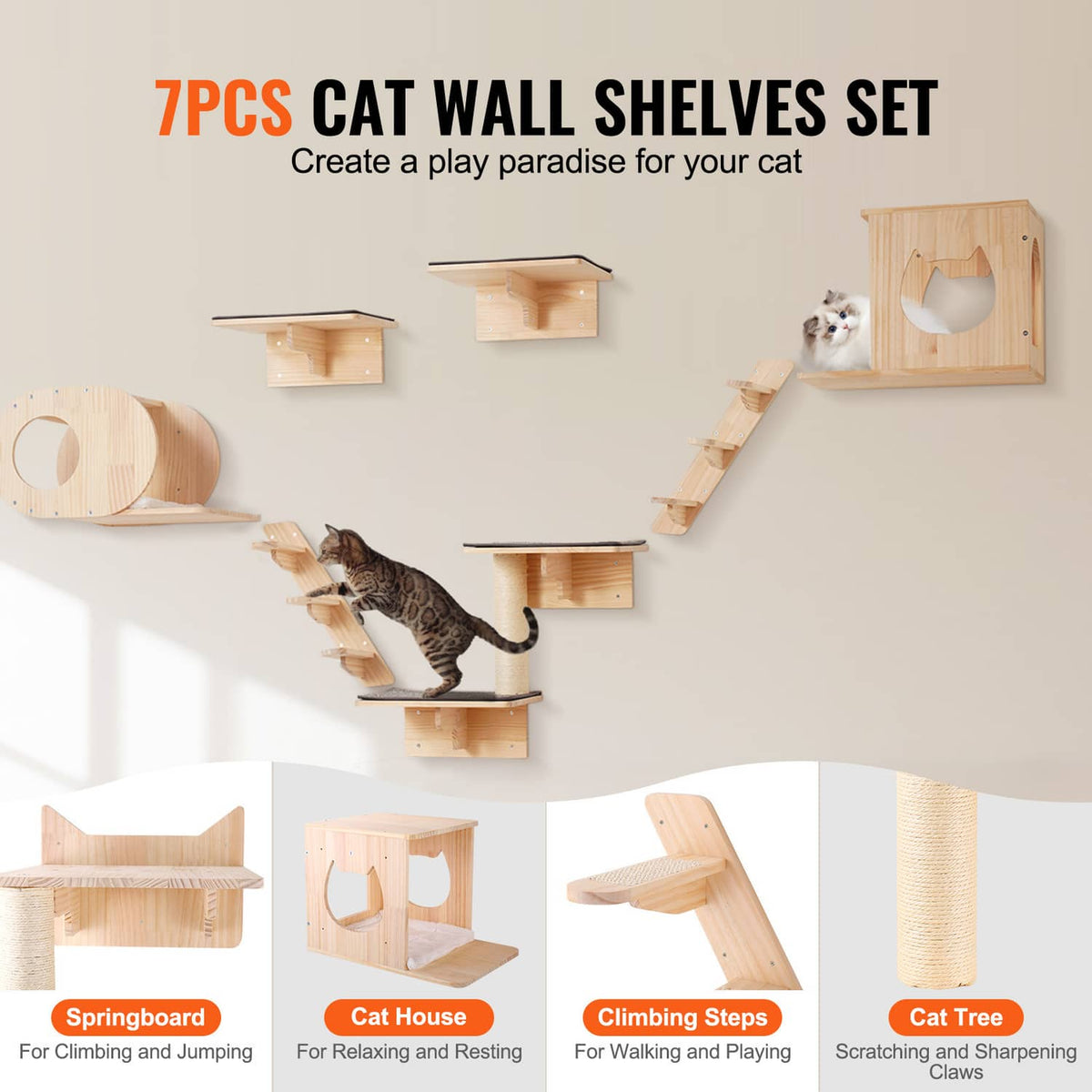 7-piece wall cat shelf set with wood ramps, gray cushioned ledges, and enclosed house doorway