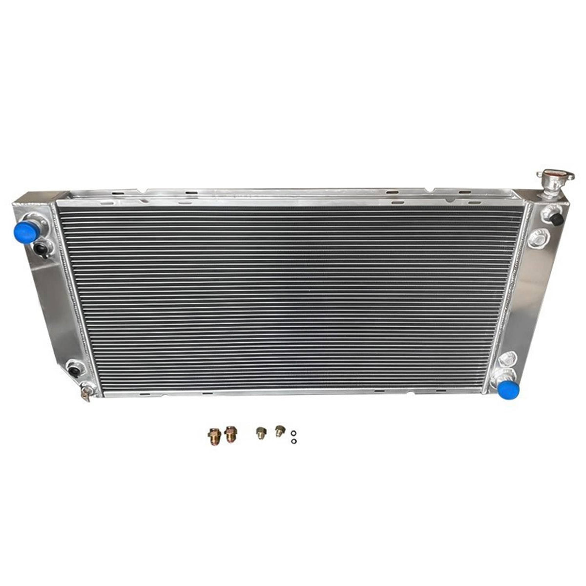 4-row aluminum radiator front view with blue bushing caps and side end brackets