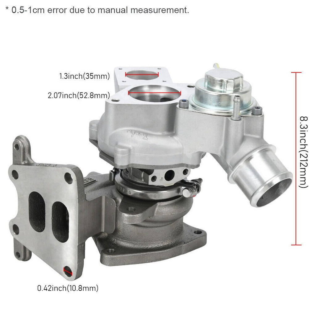 Turbocharger with actuator shown with measurements, silver and dark metal housing